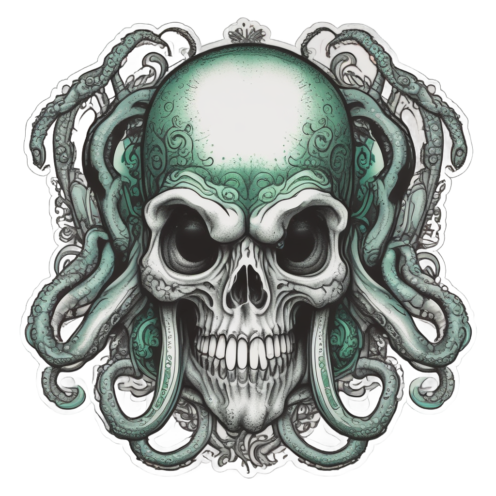 A tattoo octopus emerging from a skull with green accents