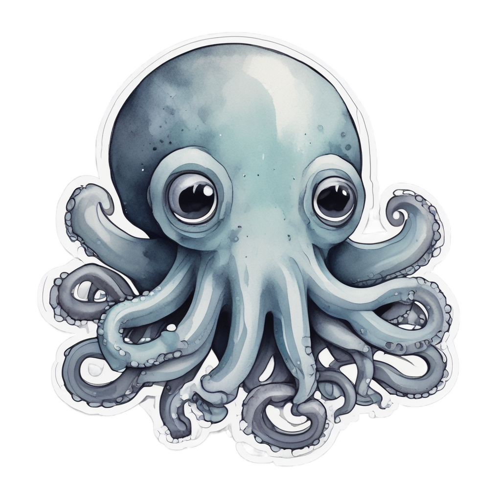 A watercolor octopus crying a single tear, gray-blue tones, die-cut sticker.