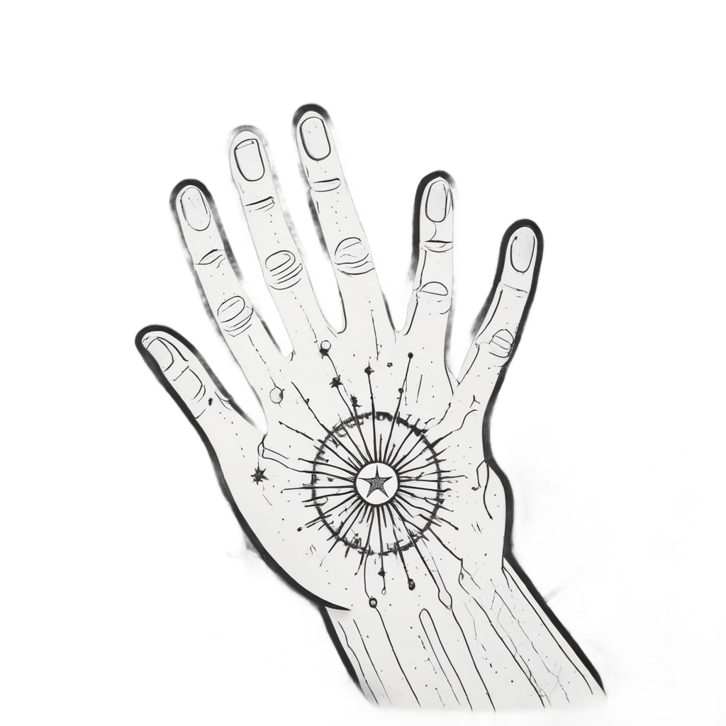 Lineart hand with constellations and stars spilling from palm