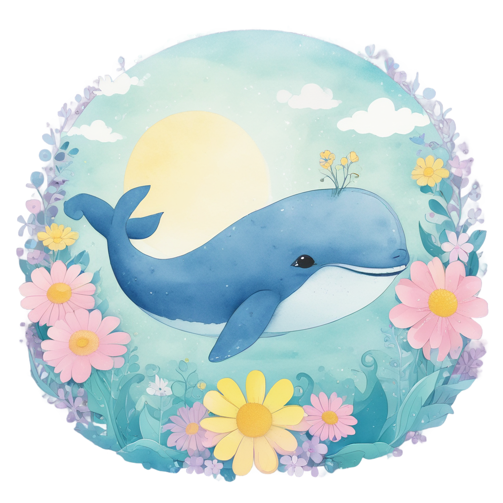 Baby whale made of blue paper holding a daisy, floating in pastel watercolor splashes