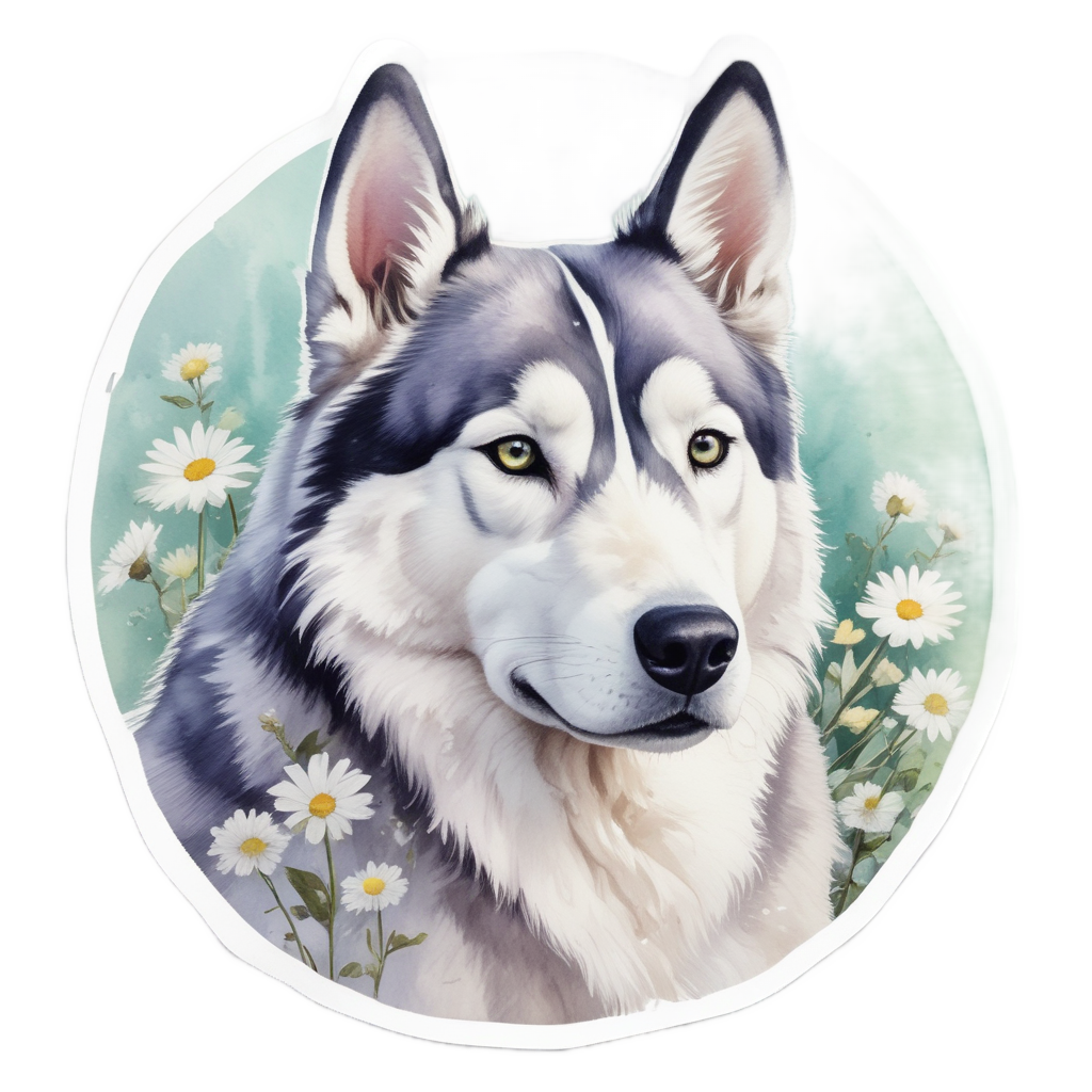 Pensive Husky with Daisies — dogs stickers