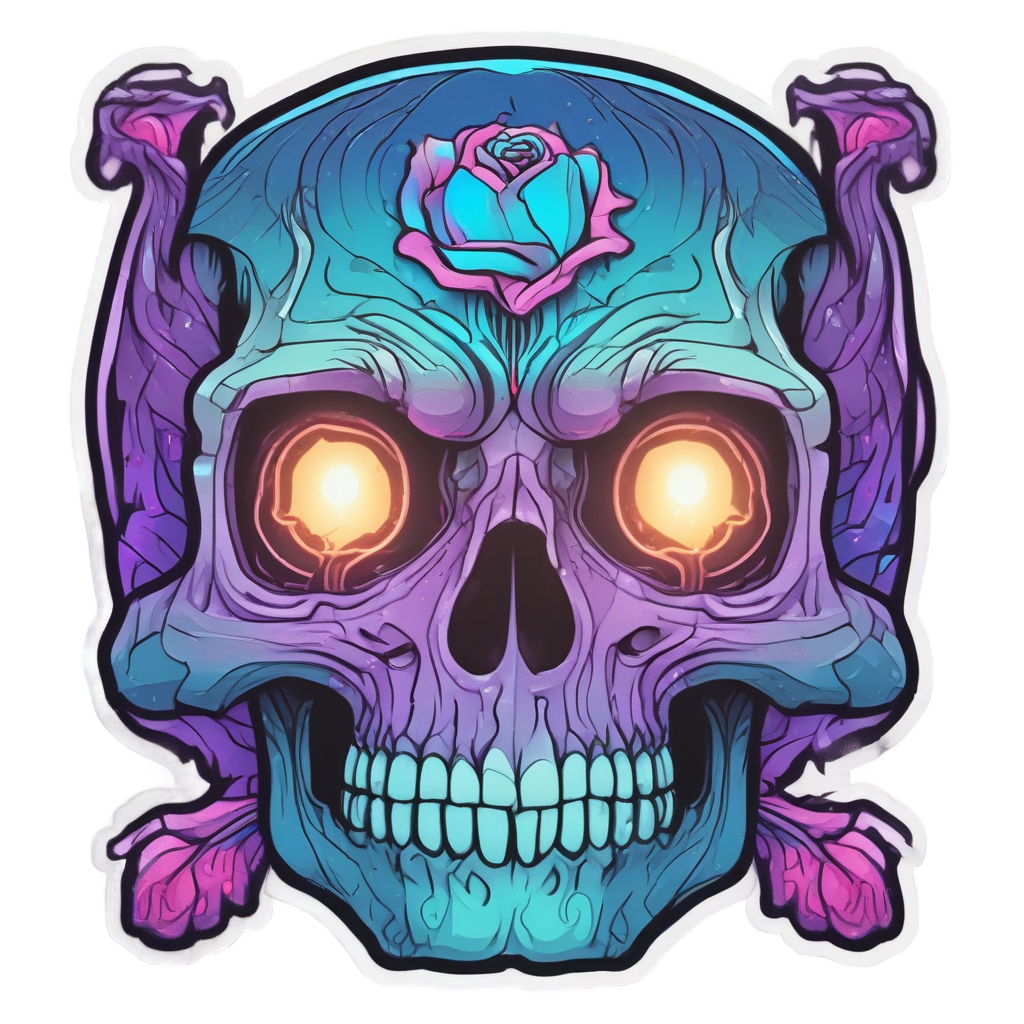 Holographic skull with a pink rose in its teeth