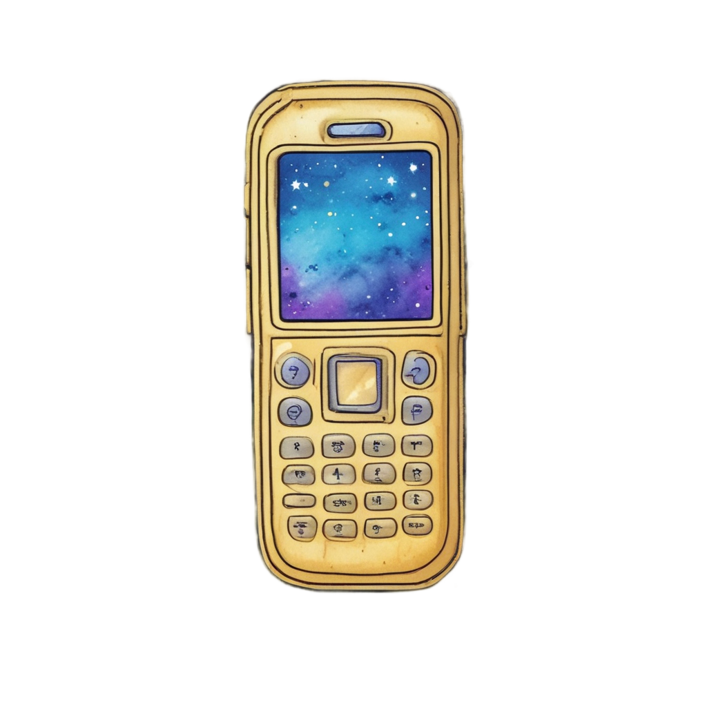 Watercolor flip phone sticker floating in a starry galaxy