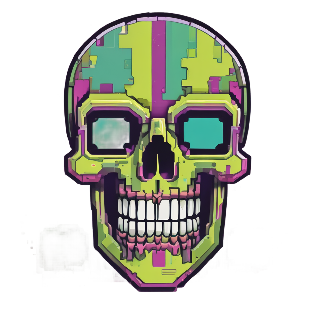 Pixel Glitch Skull — neon cyber skull stickers