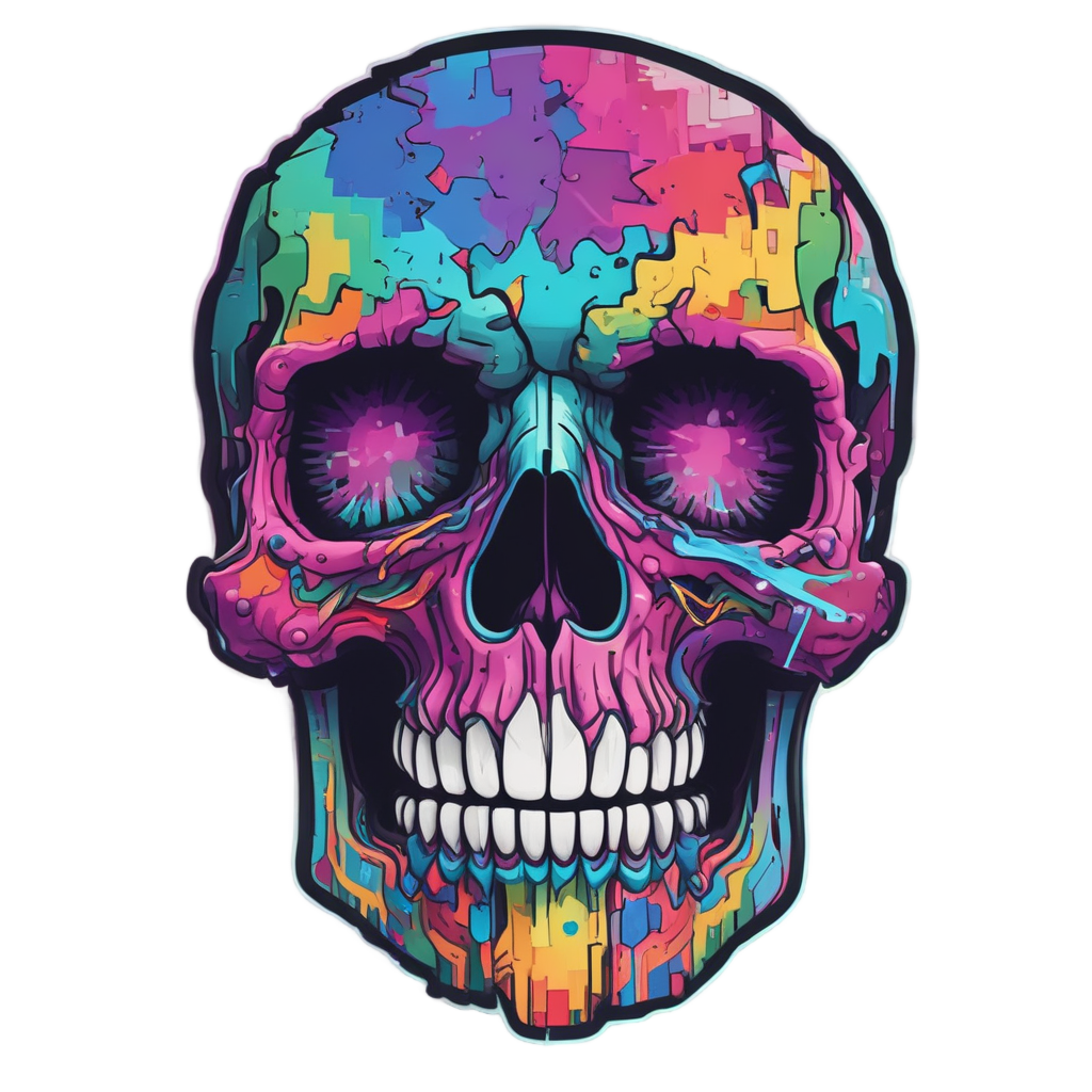 Pixelated Skull Crash — neon cyber skull stickers