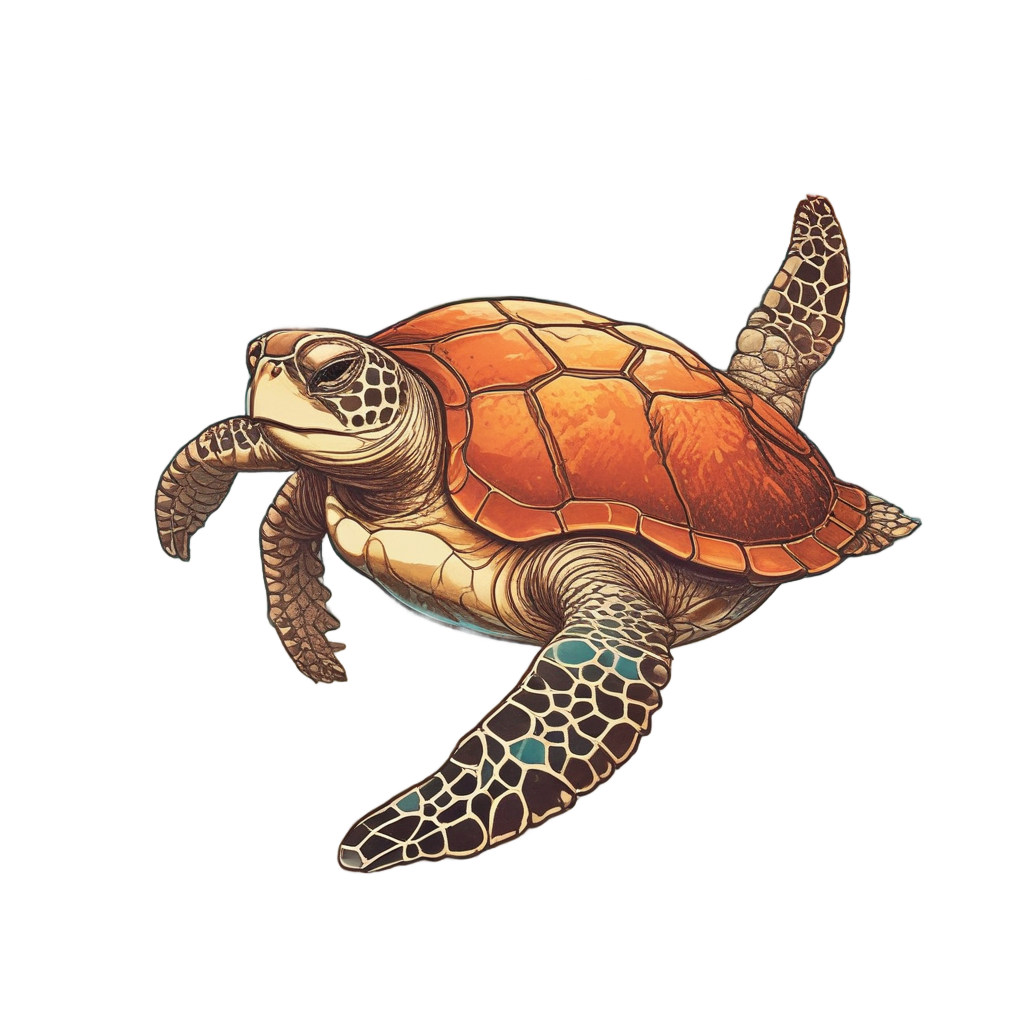A sea turtle on a beach with a shell patterned like a vintage postcard stamp.