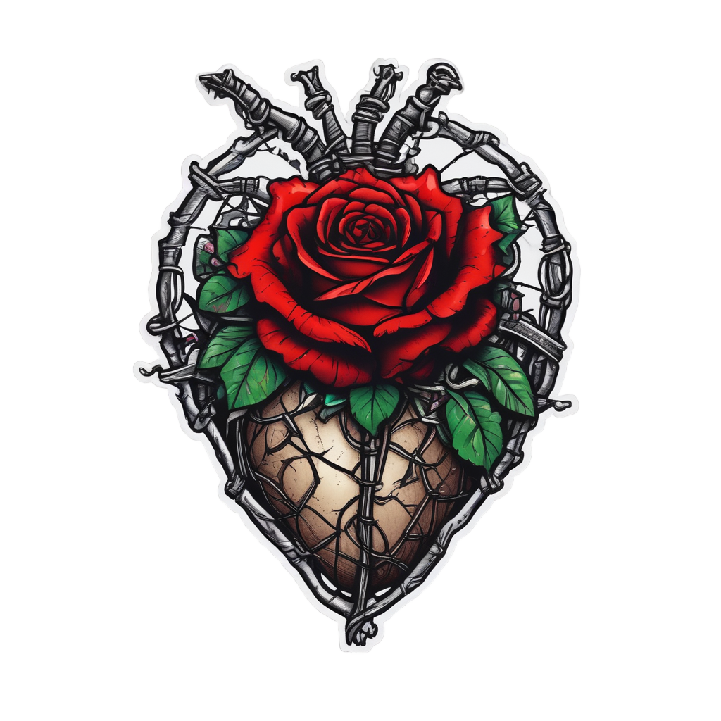 A tattoo-style black heart wrapped in barbed wire with a red rose on top on a white background