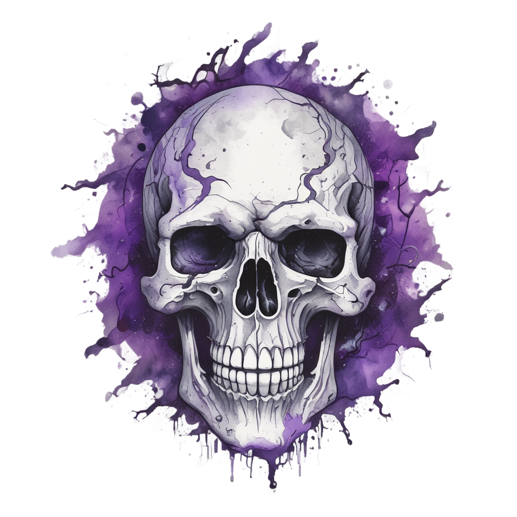 Watercolor skull with storm cloud third eye and lightning