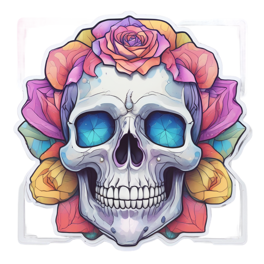 Radiant Skull with Diamond Rose — watercolor skull & roses stickers