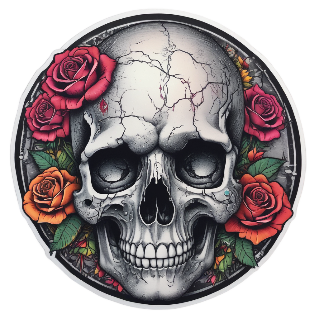 A skull with rainbow cracks and roses in tattoo style