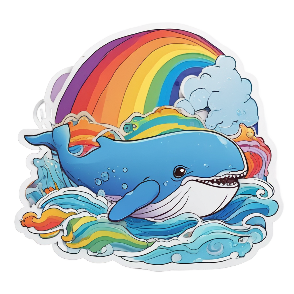A papercut-style baby whale laughing and spouting a rainbow of water from its blowhole.
