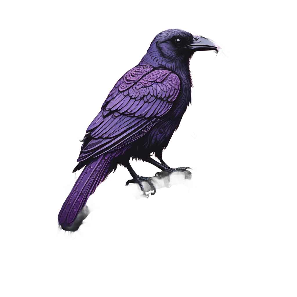 Raven on a neon pink cobweb with dark floral vines and dew drops