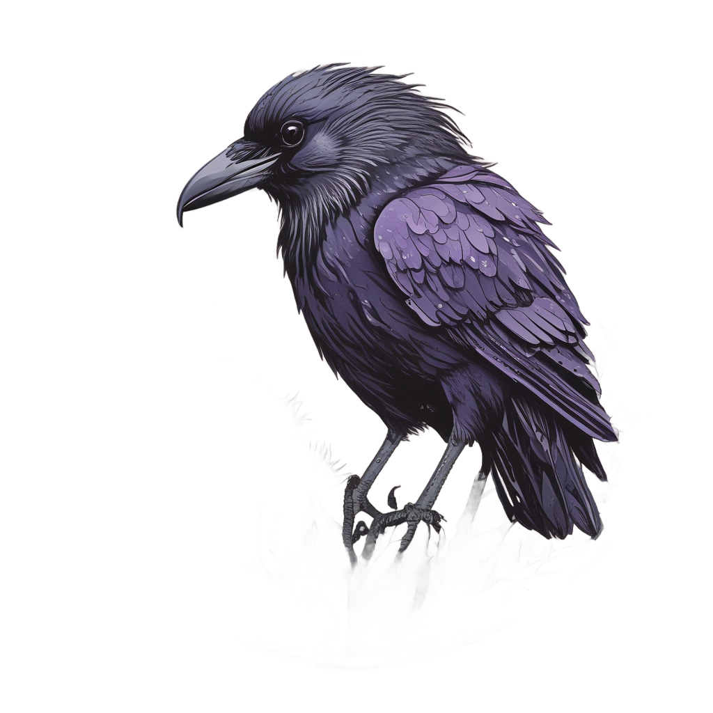 Kawaii raven hugging a purple thistle flower