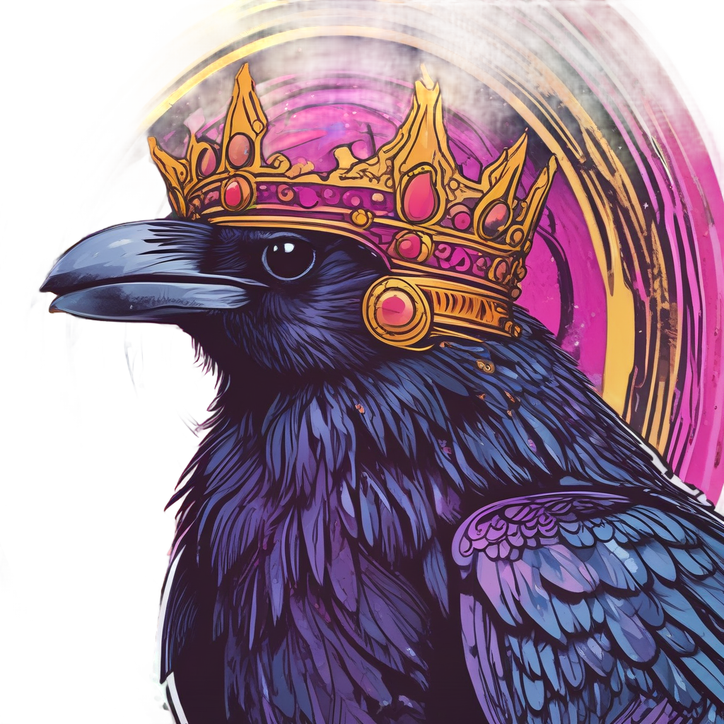 A raven with a glowing hot pink and gold neon crown on its head.