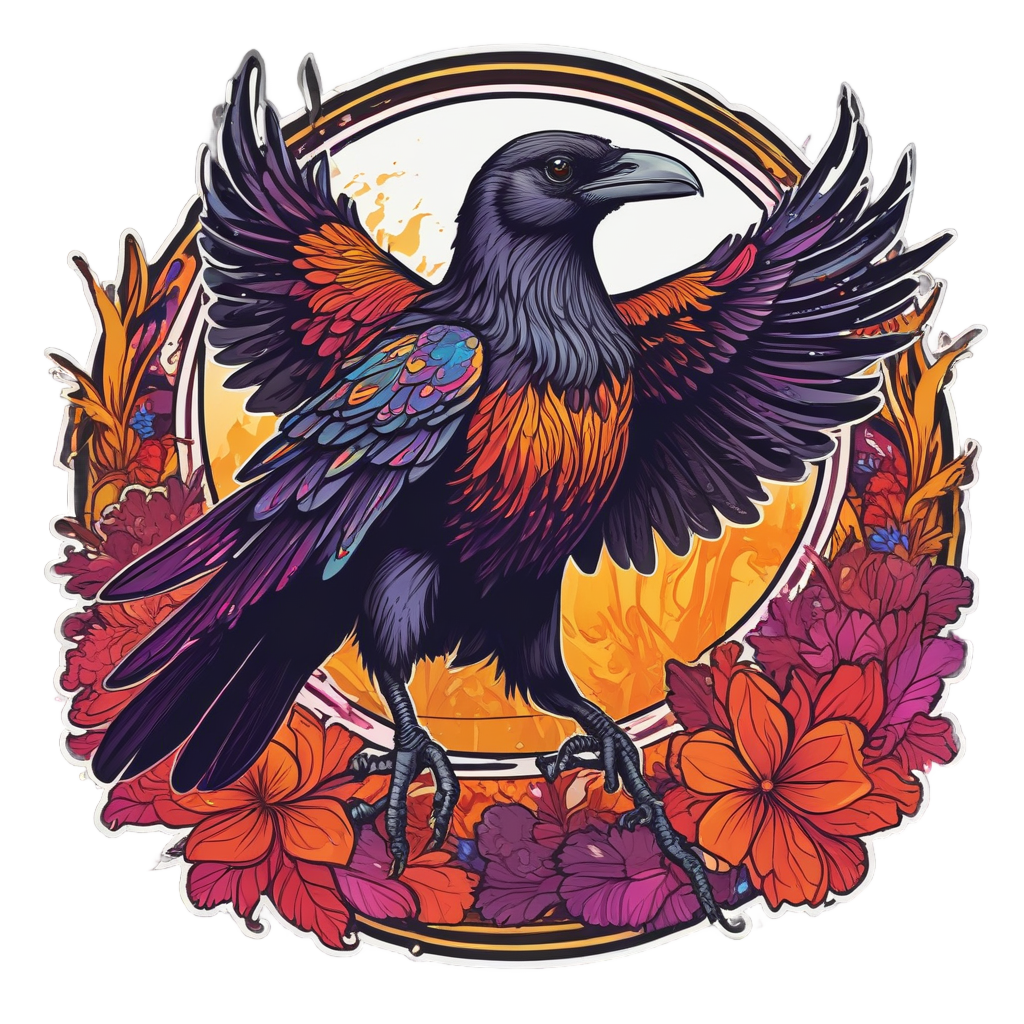 Raven with Neon Wings — gothic botanical stickers