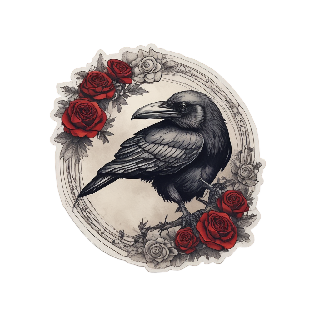 Raven with Skull and Rose — gothic botanical stickers