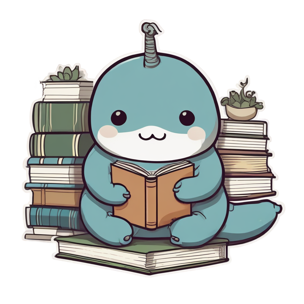 Kawaii narwhal reading a book while sitting on books
