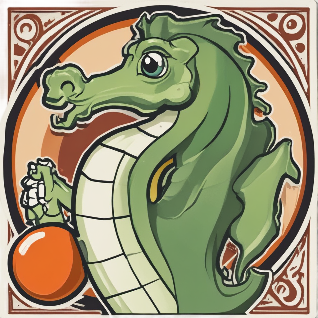A seahorse about to roll a bowling ball in a 1970s retro alley.