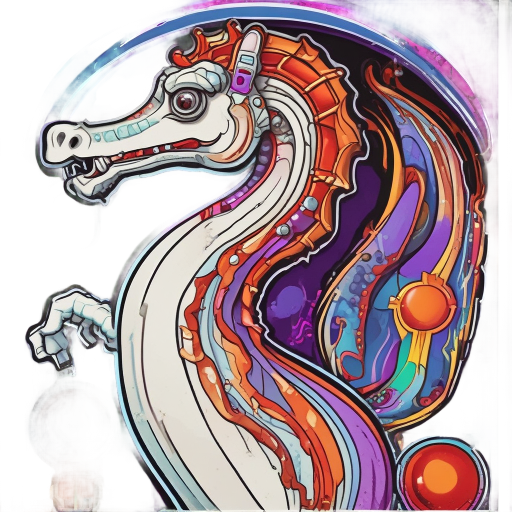 A triumphant seahorse playing a glowing retro pinball machine.