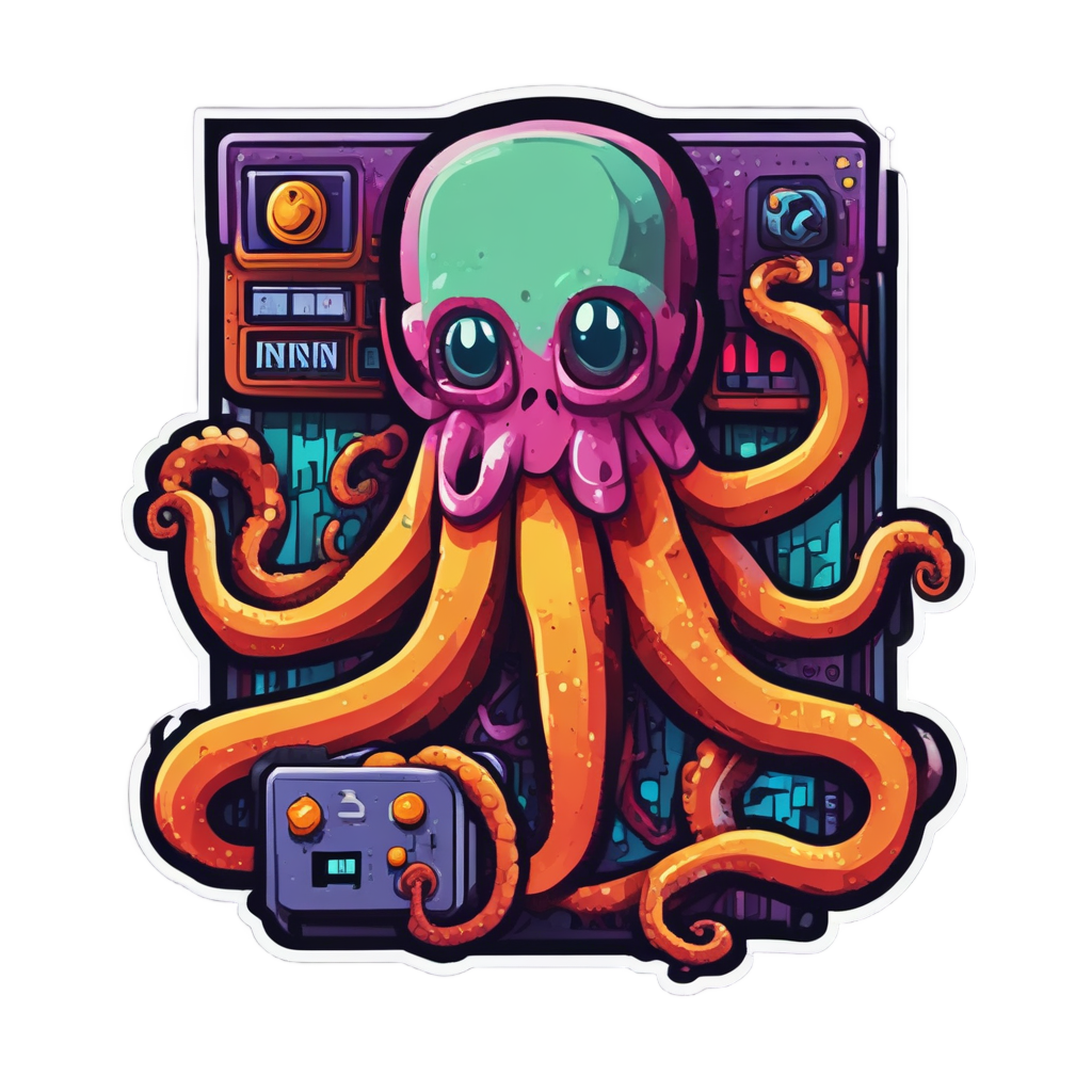 An 8-bit arcade octopus with a joystick on a white background.