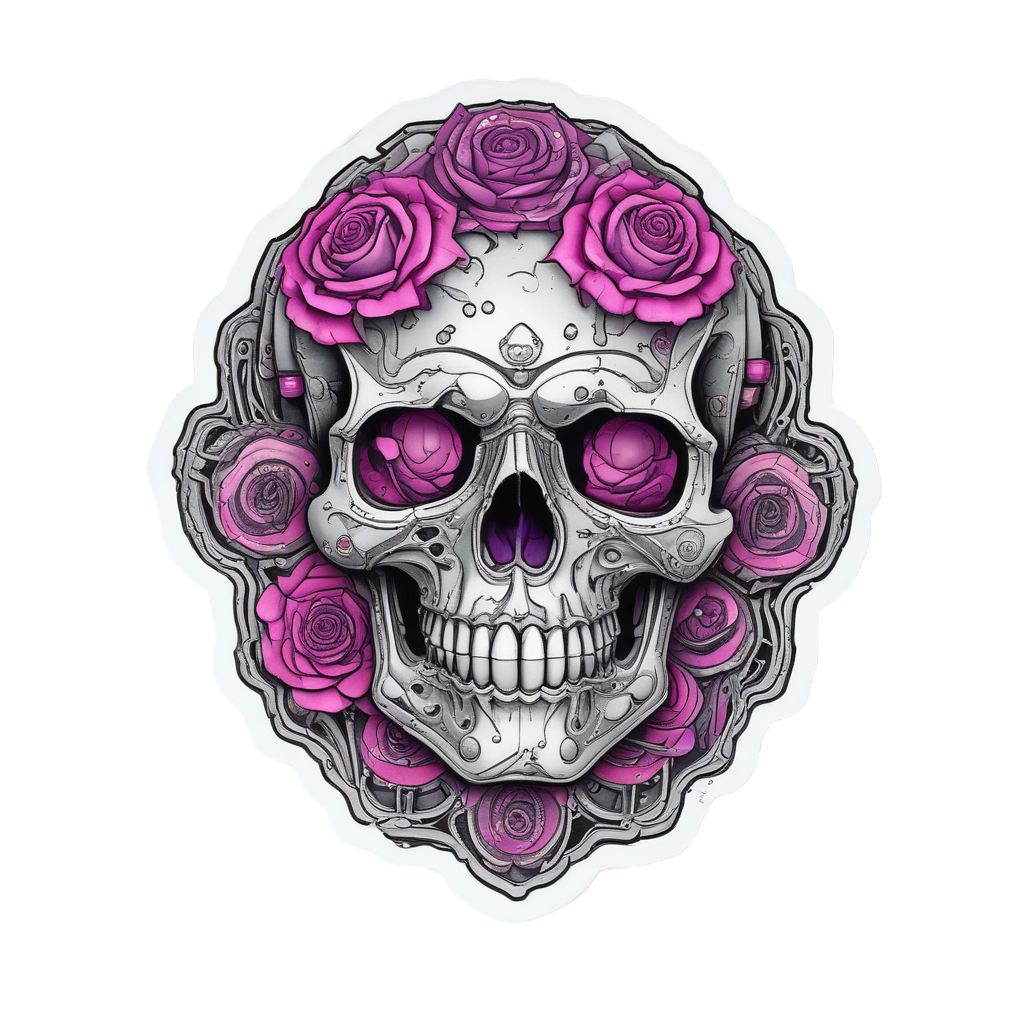 Robot Skull with Rose Gears — watercolor skull & roses stickers