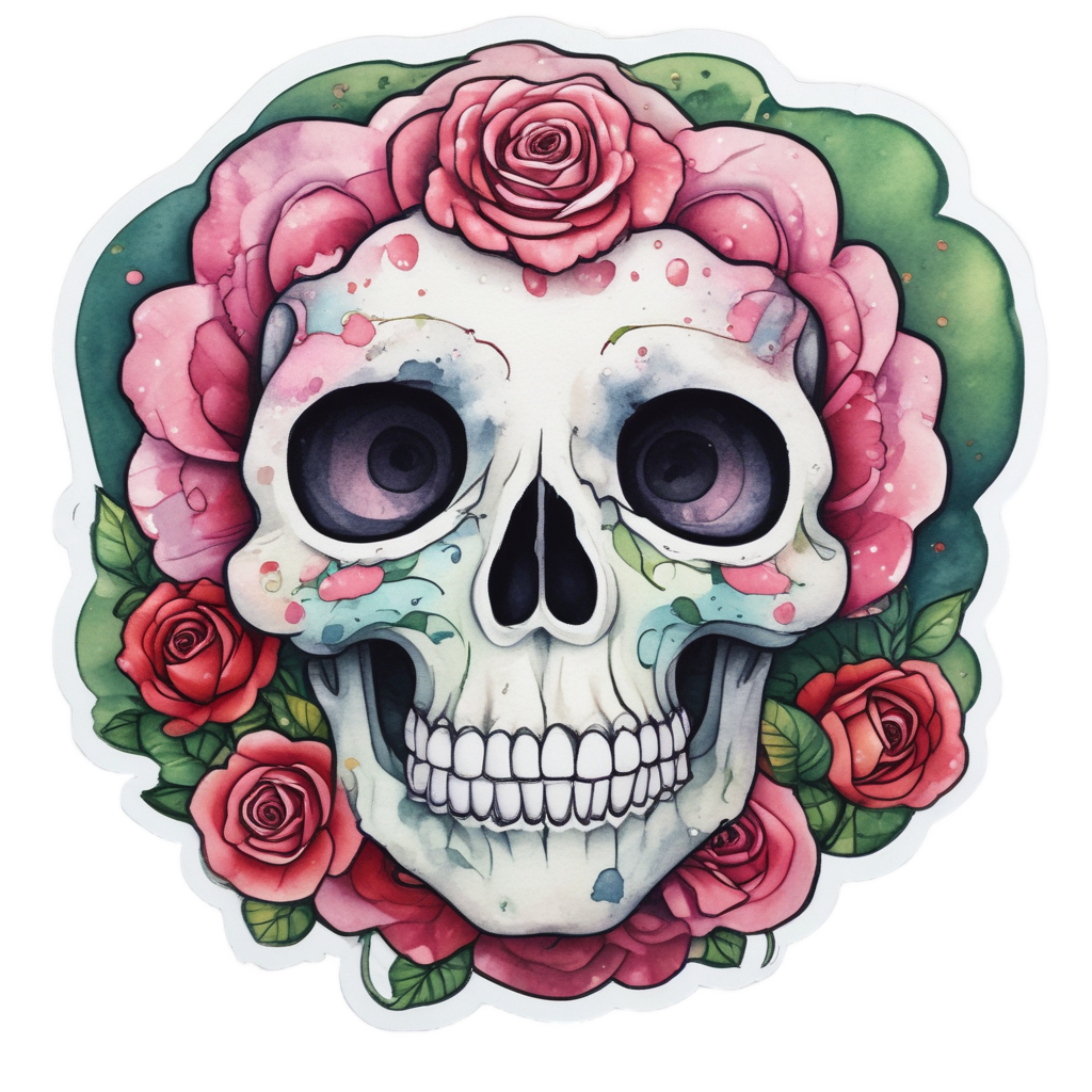 Rosy Cheek Skull — watercolor skull & roses stickers