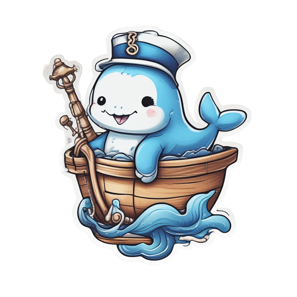 Baby whale in sailor hat on a boat tattoo sticker