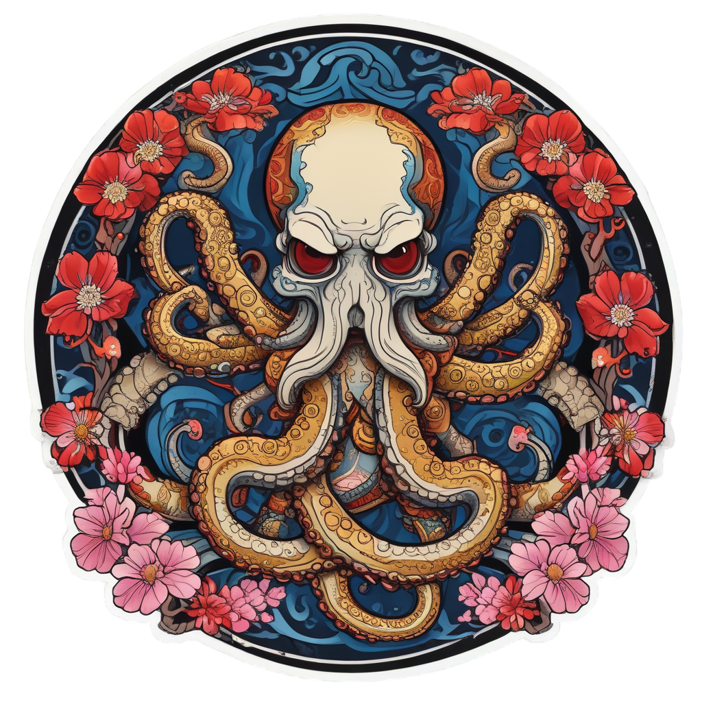 Die-cut sticker of a samurai octopus in armor wielding two katanas.