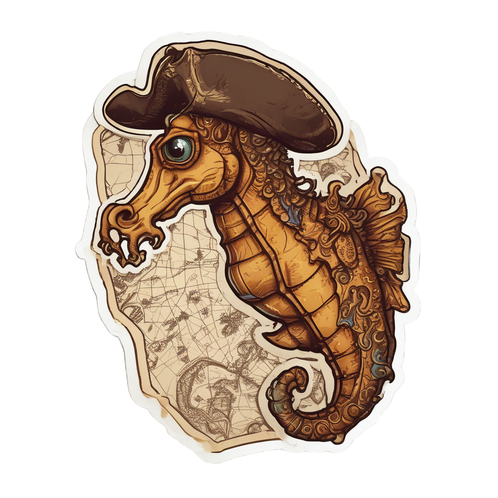 A seahorse with a pirate hat and eye patch pointing at a map.