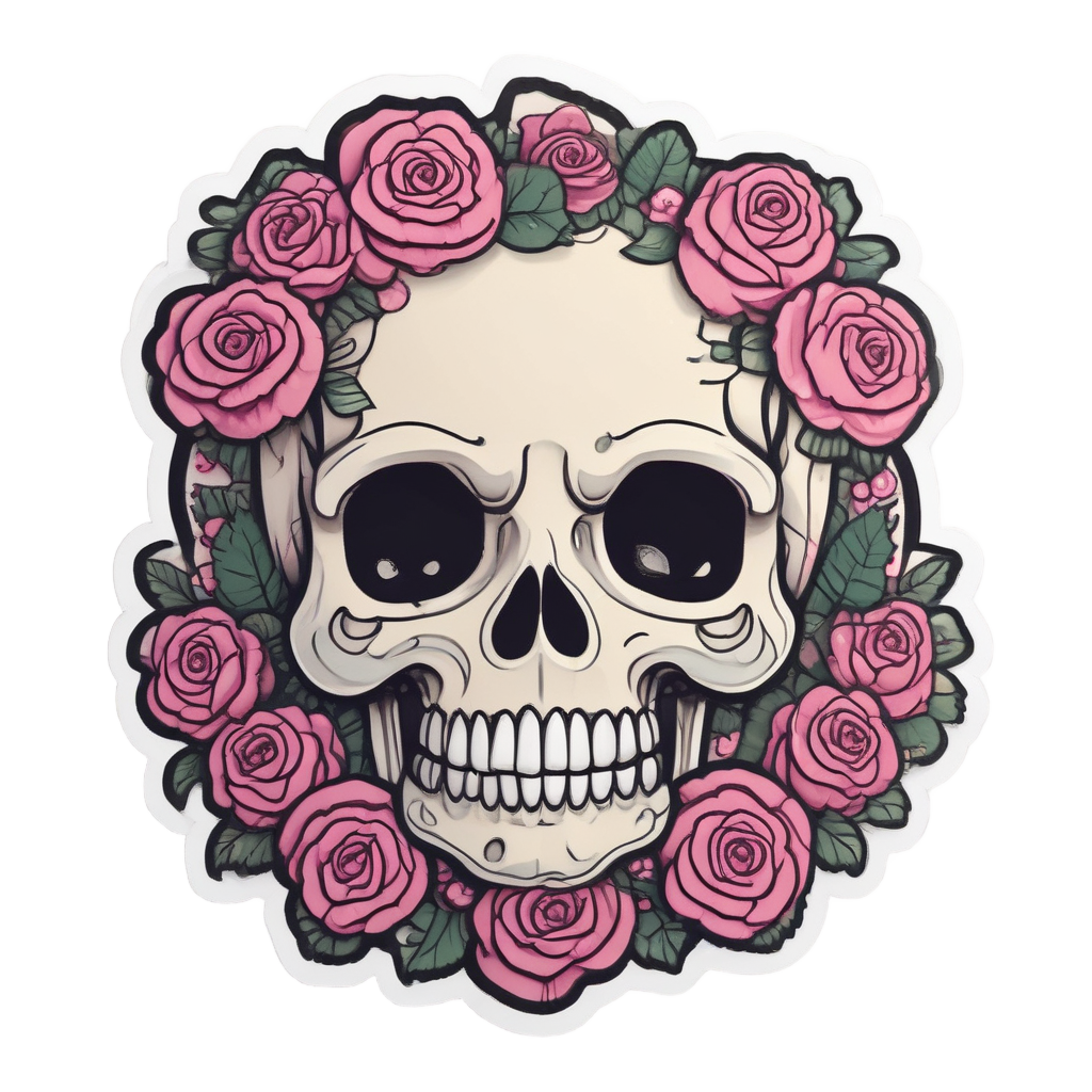 Skull Holding Rose Bouquet — line-art skull stickers