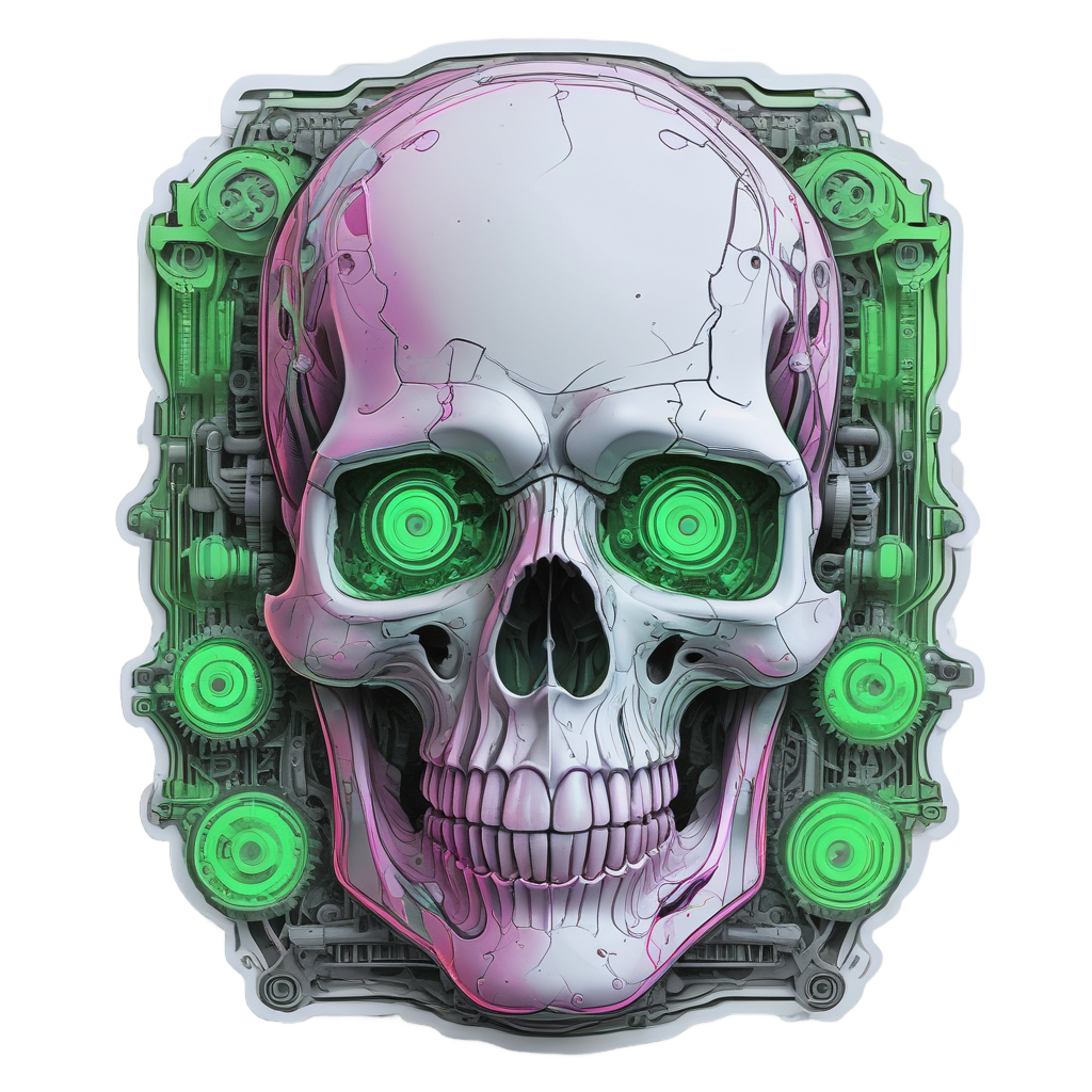 Skull Neon Gears Inside — neon cyber skull stickers