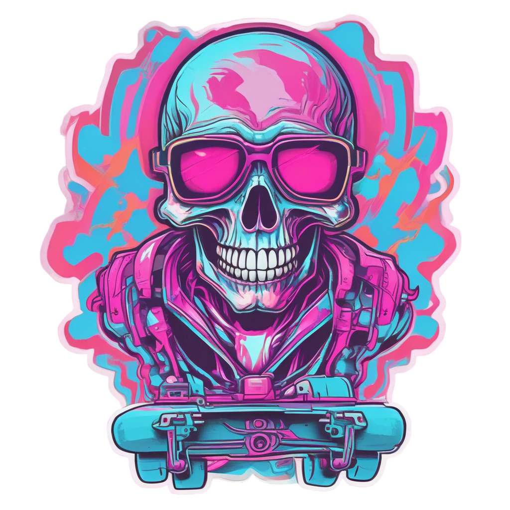 Skull on Skateboard — neon cyber skull stickers