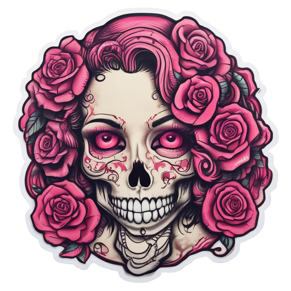 Skull Pinup with Roses — neon cyber skull stickers