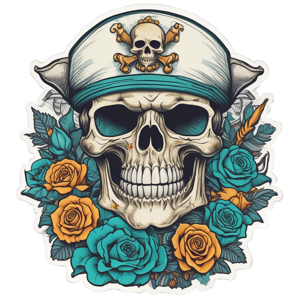 Skull Pirate Rose — watercolor skull & roses stickers
