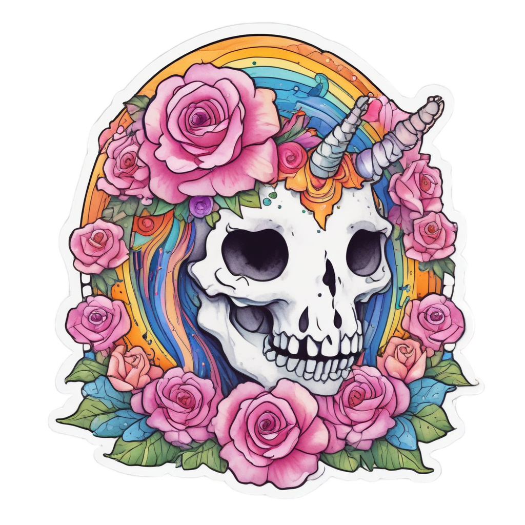 Skull Riding Rose Unicorn — watercolor skull & roses stickers