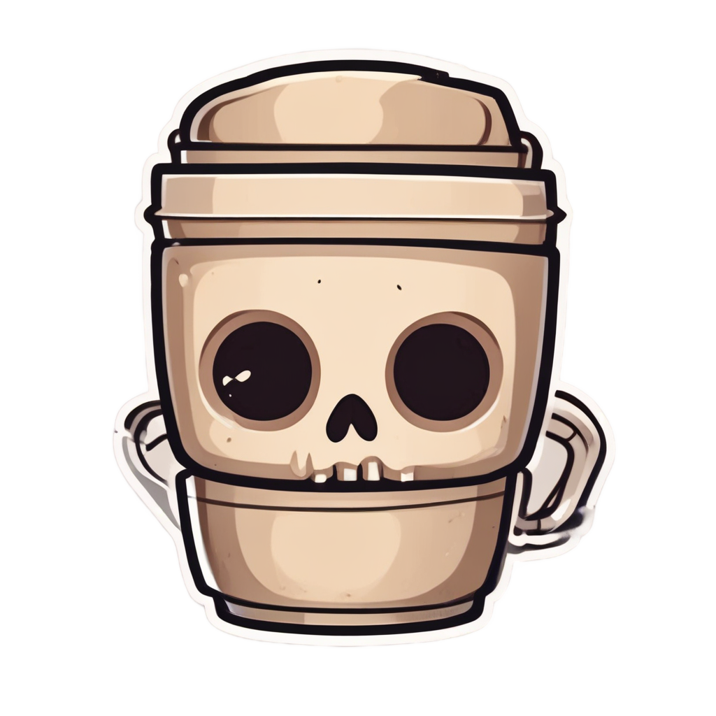 A kawaii gas-tank skull with coffee cup on head and in hands, cute and cozy