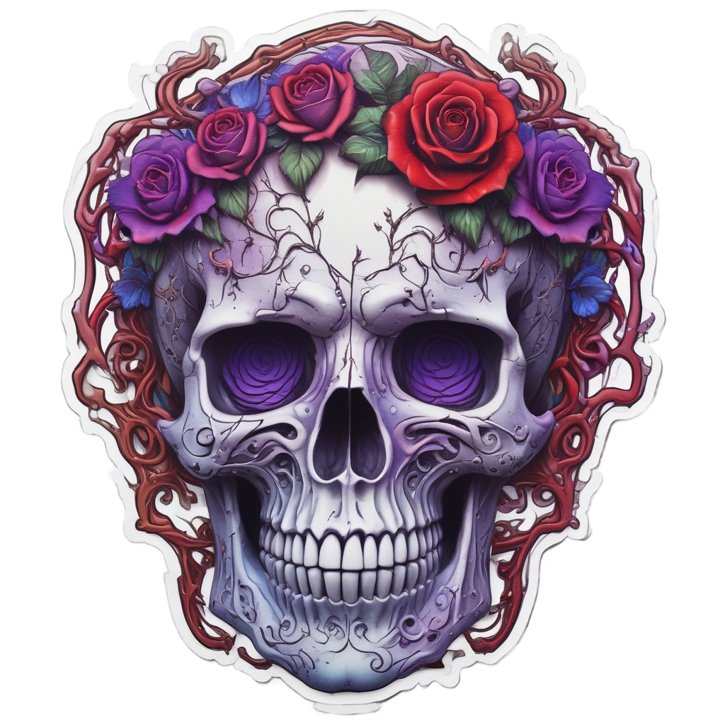 Skull Vines Entwined — watercolor skull & roses stickers