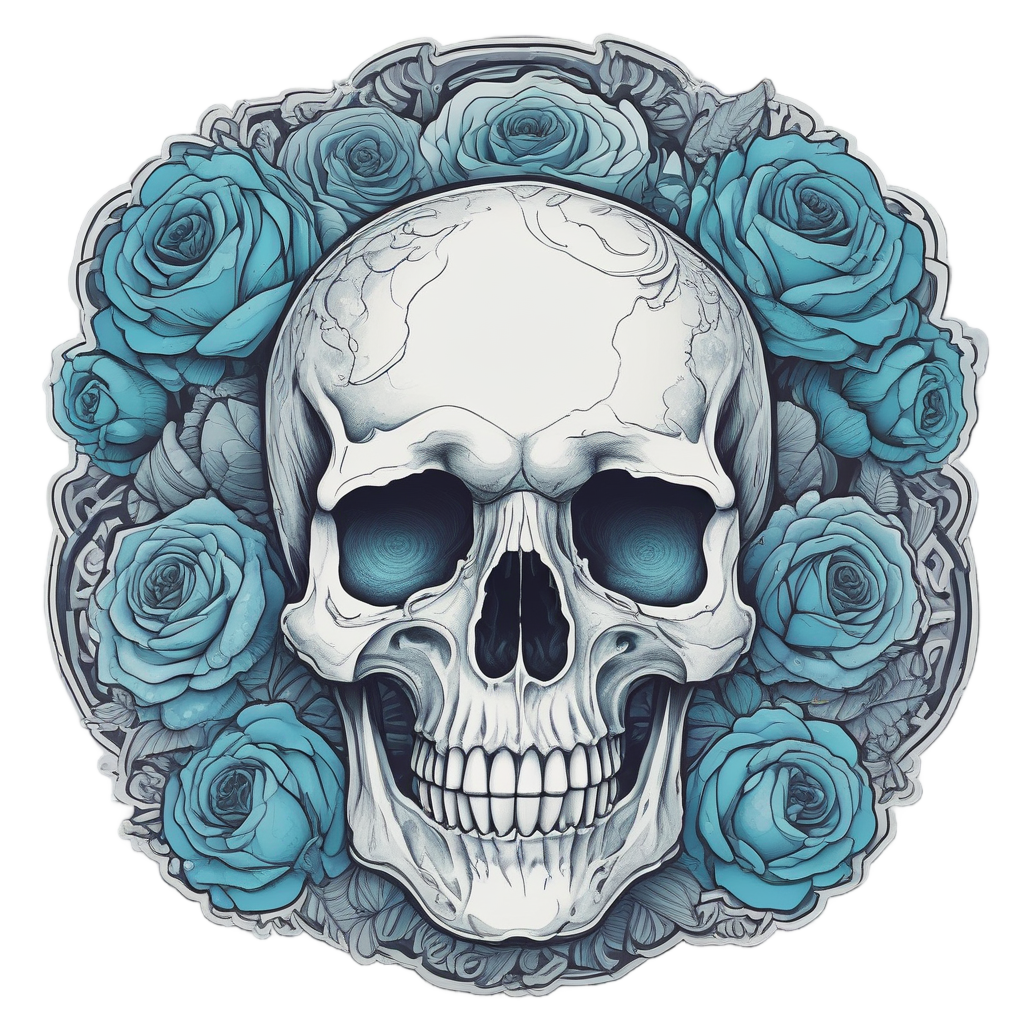 Skull with Blue Dream Roses — watercolor skull & roses stickers