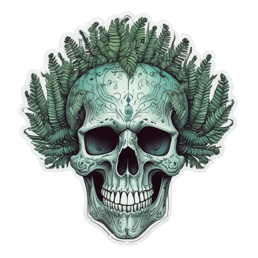 Skull with Fern Mohawk — line-art skull stickers