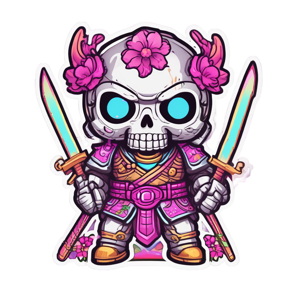Skull with Kawaii Samurai Armor — neon cyber skull stickers
