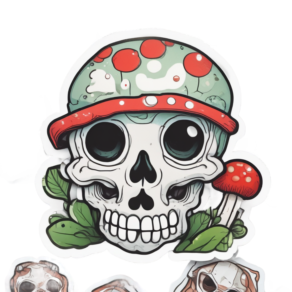 Skull with Mushroom Hat — line-art skull stickers