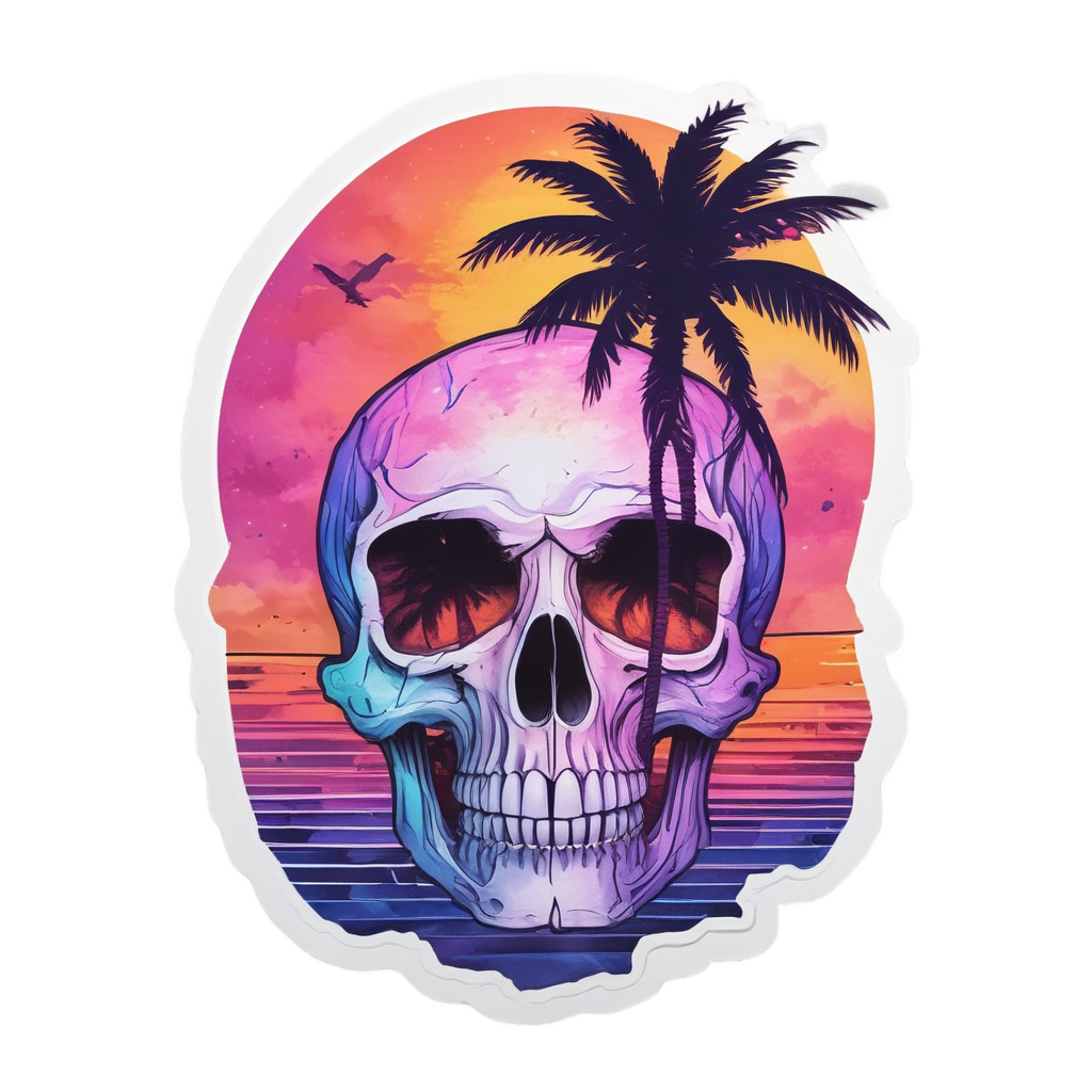 Skull with Neon Palm Tree Shadow — neon cyber skull stickers
