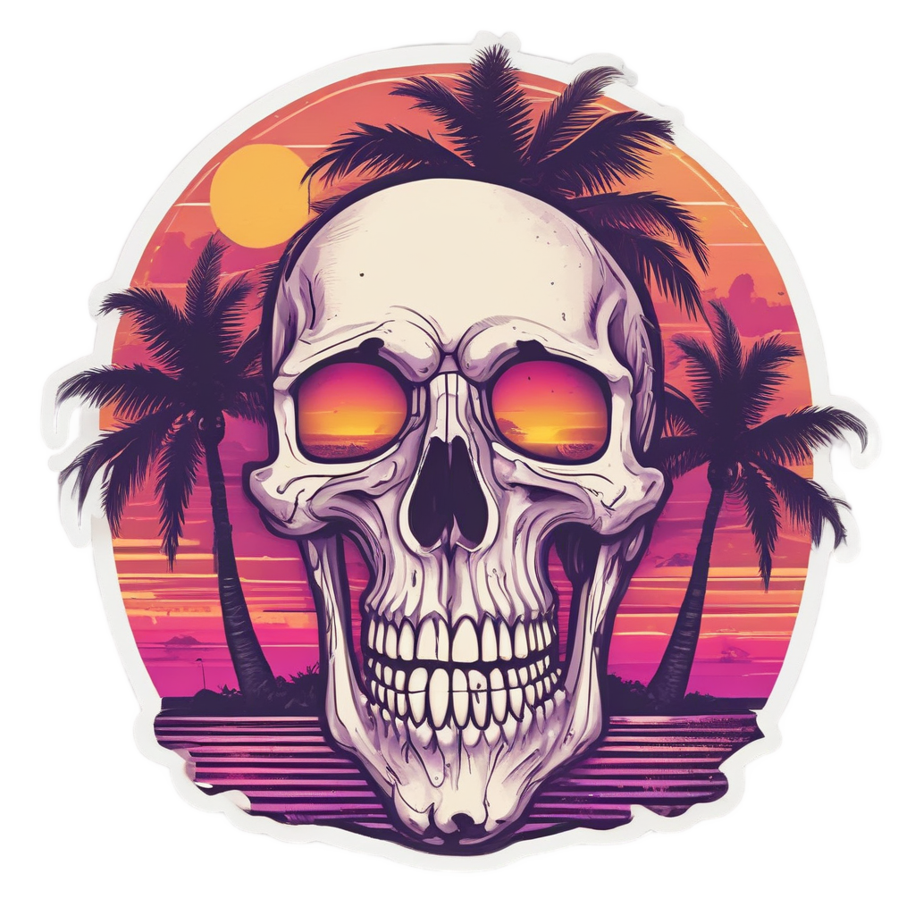 Skull with Palm Tree Silhouette — neon cyber skull stickers