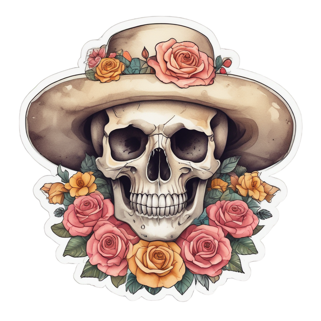 Skull with Rose Hat — watercolor skull & roses stickers