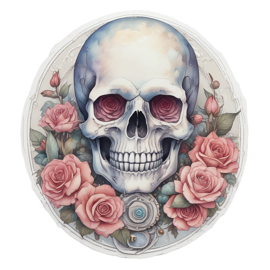 Skull with Rose Locket — watercolor skull & roses stickers