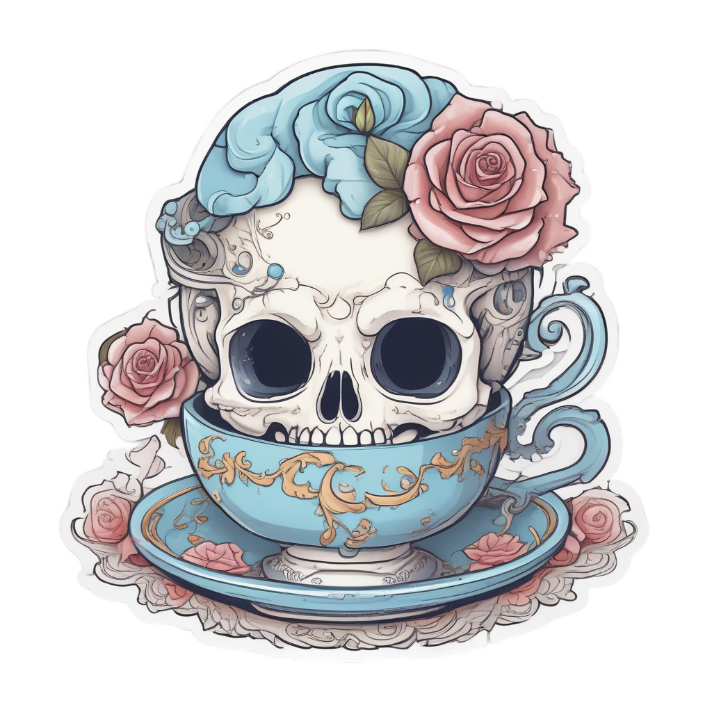 Skull with Rose Teacup — line-art skull stickers