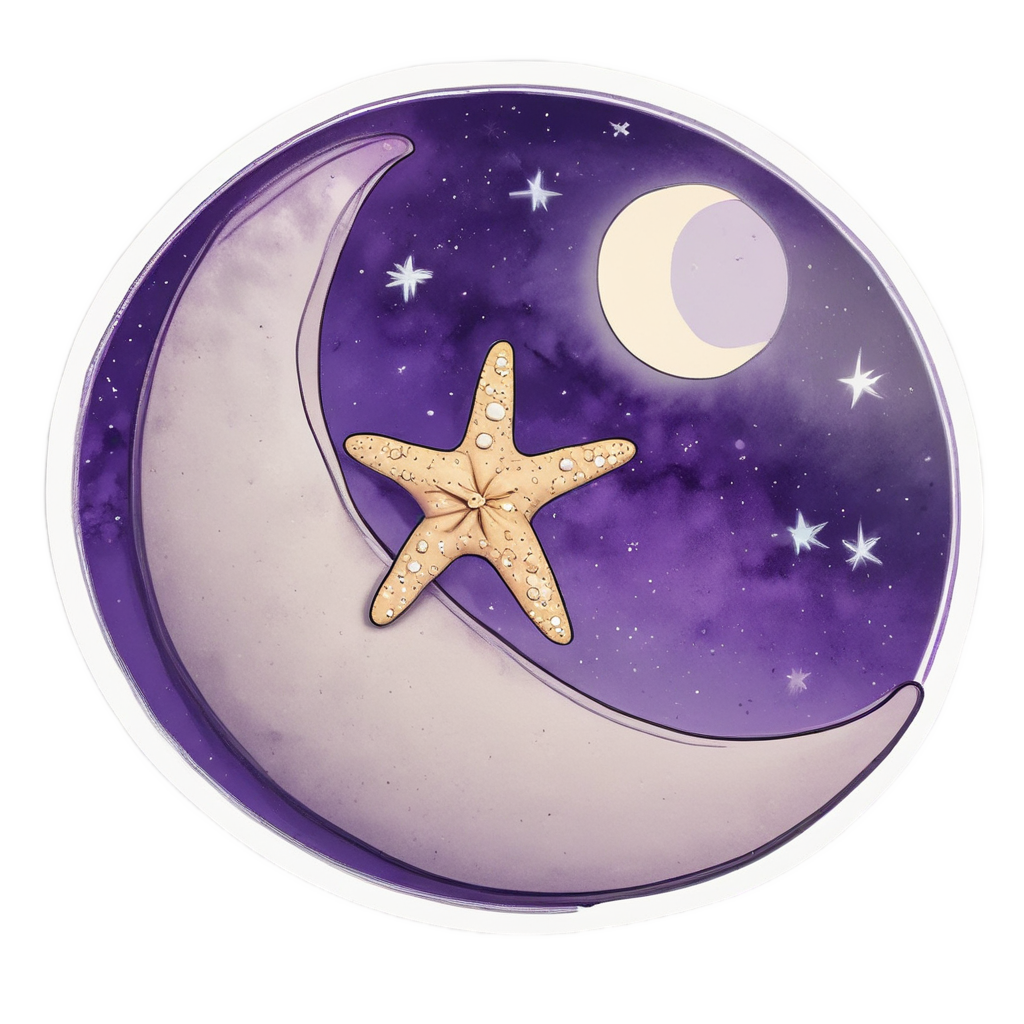 A neon starfish sleeping on a crescent moon with stars.