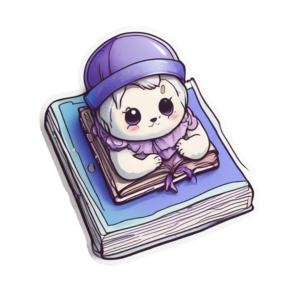 A sleepy kawaii library key napping on a book with a nightcap
