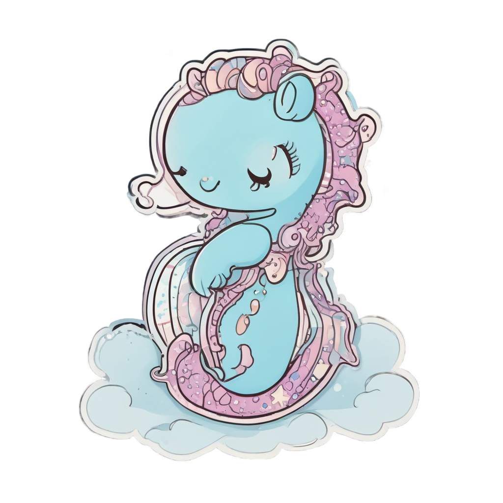 A blue seahorse sleeping on a pillow with a moon blanket.