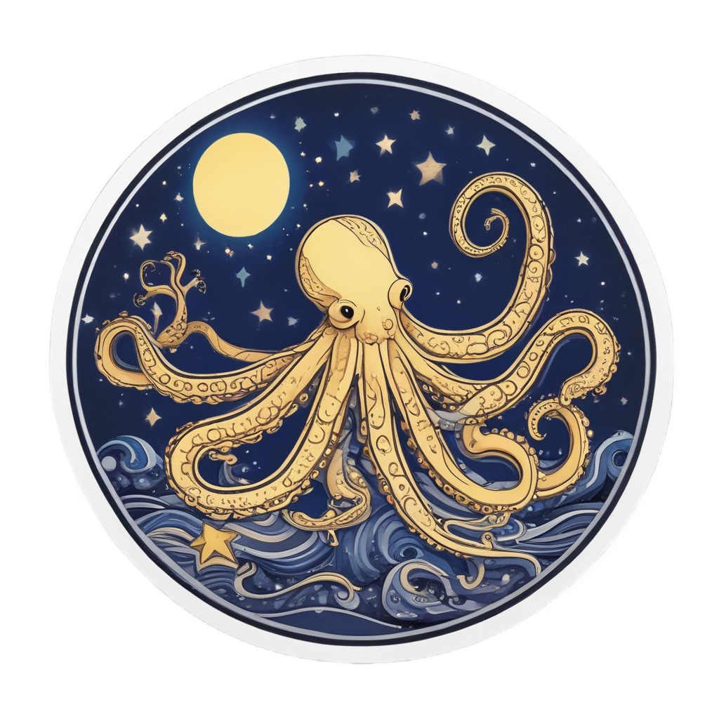Papercut sleeping octopus on a crescent moon with stars on white